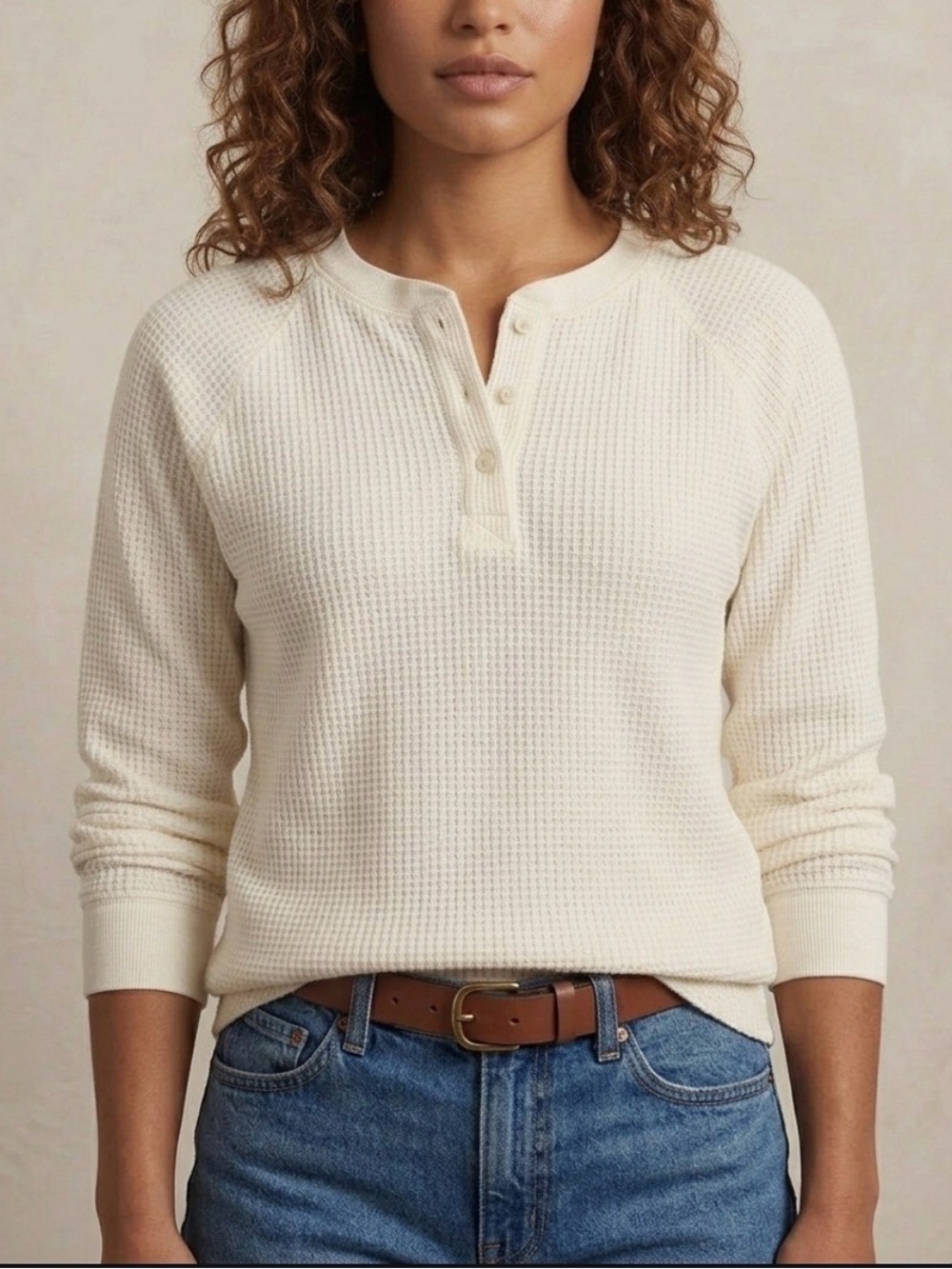 Old Navy ivory waffle knit Henley top. Size M.